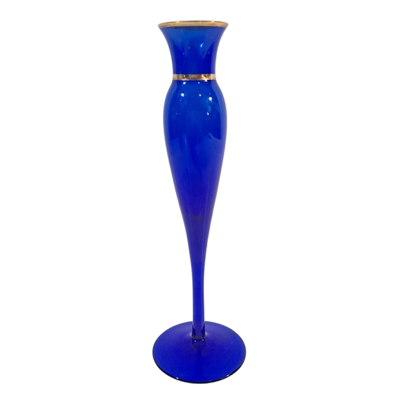 Sasaki Colbalt Blue Crystal Bud Vase Gold Tone Trim 8 1/4" - Picture 1 of 8